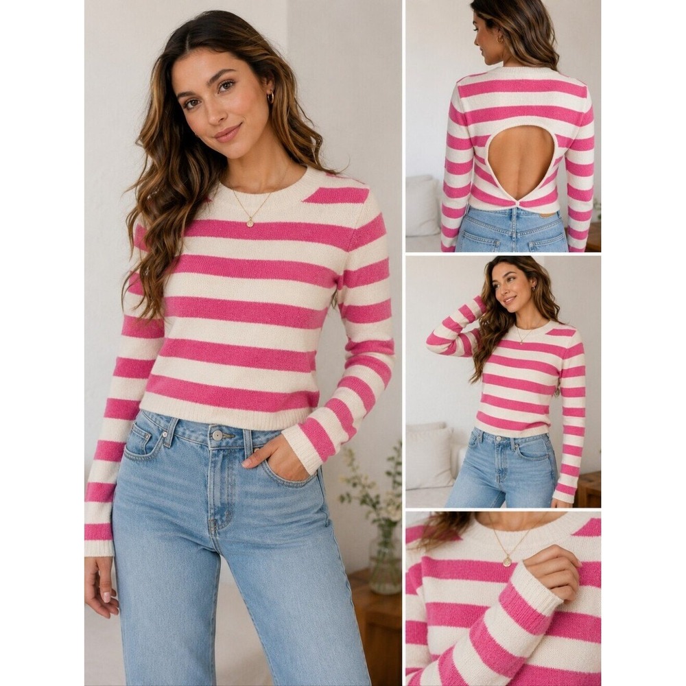 Aerie Striped Cropped Sweater Womens Large Pink White Excellent Open Back Cutout